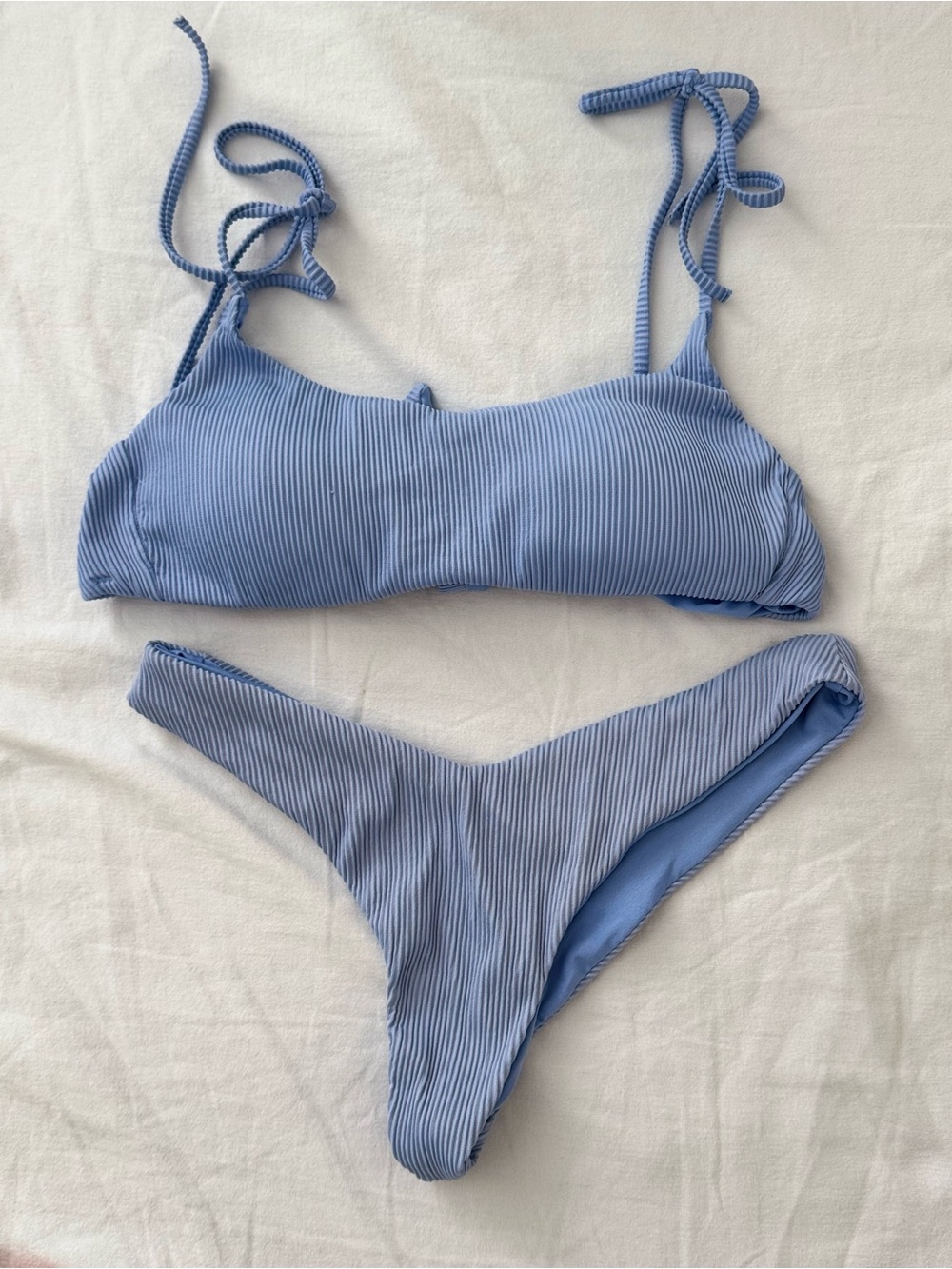 Light Blue Ribbed Tie-Shoulder Bikini Set - Women Swim